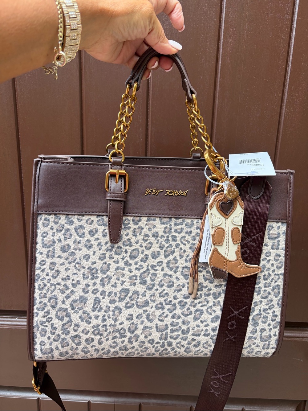 Betsey Johnson Brown Leopard-Print Satchel with Gold Chain Handles